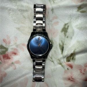 Movado Silver Watch with Deep Blue Face